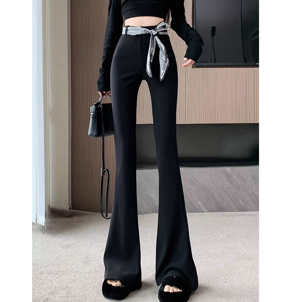 2502正版丝巾马蹄西装裤女秋季绑带高腰微喇裤修身垂感拖地长裤