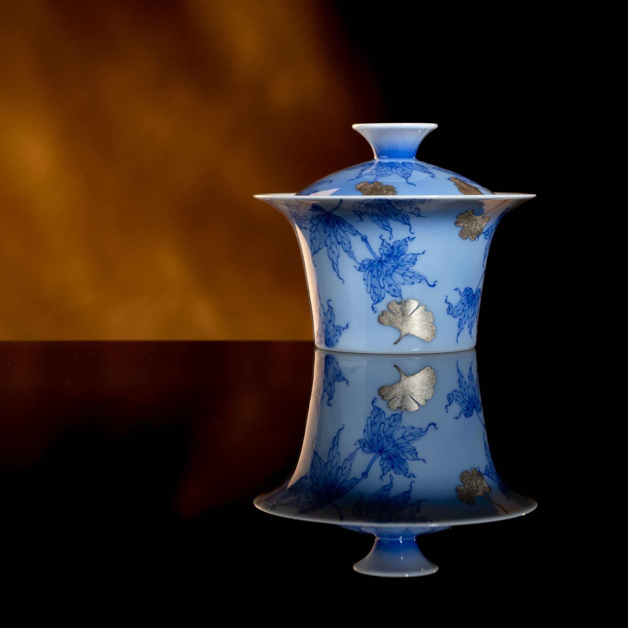 熊友根窑枫叶银杏陶瓷小马蹄盖碗景德镇手工手绘茶具满容100ml