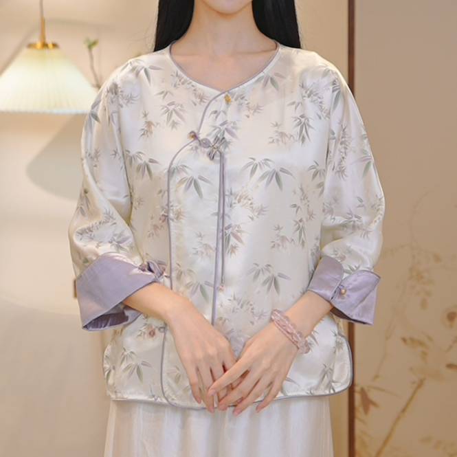 拾白新中式原创春夏圆领设计感欧若风清冷感重工提花上衣SU3657