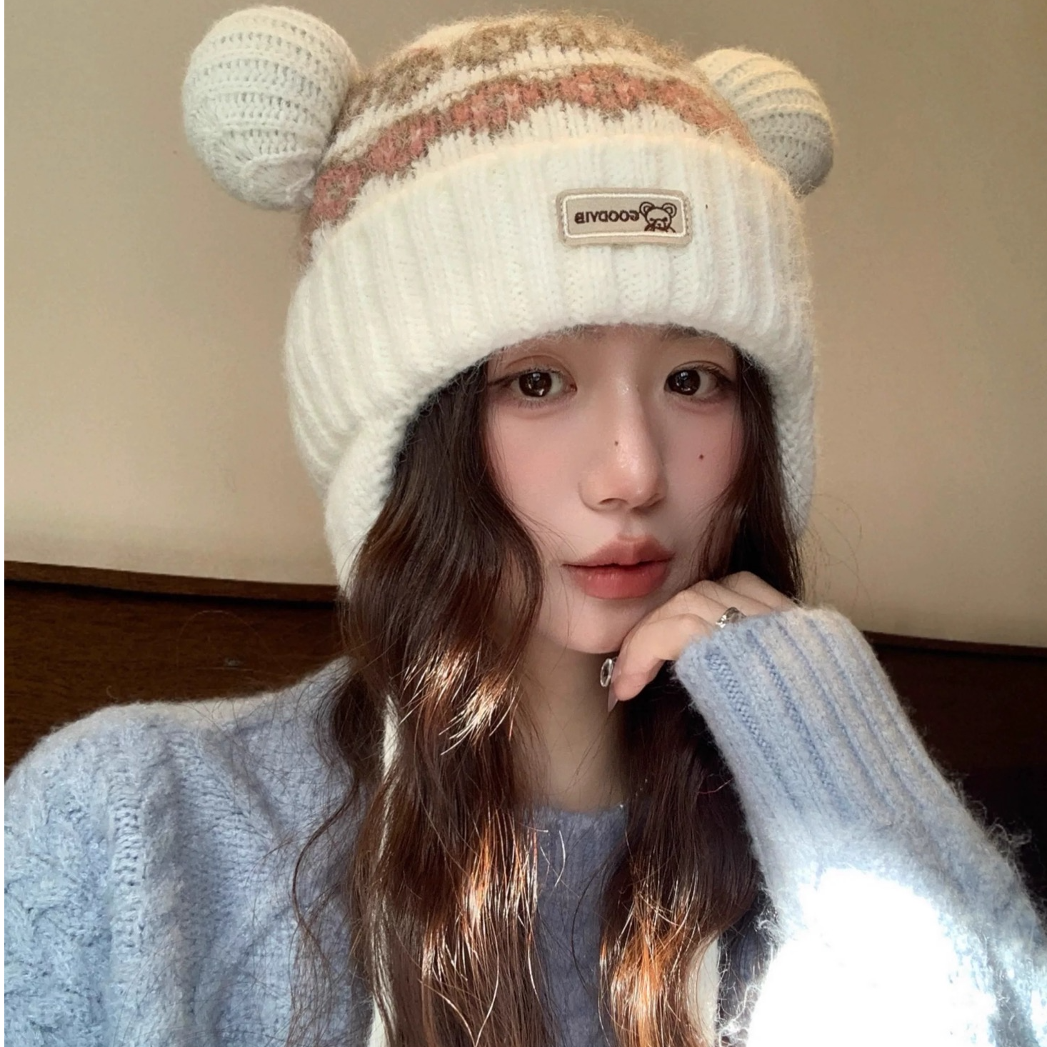 熊耳朵费尔岛毛线帽女冬季加厚加绒保暖帽子包头帽针织帽显脸小潮