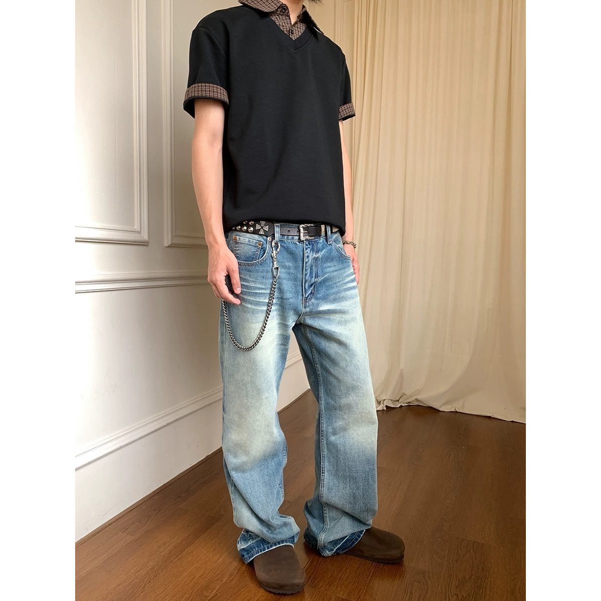 CHAOM  复古洗水cleanfit夏季猫须渐变百搭直筒牛仔裤