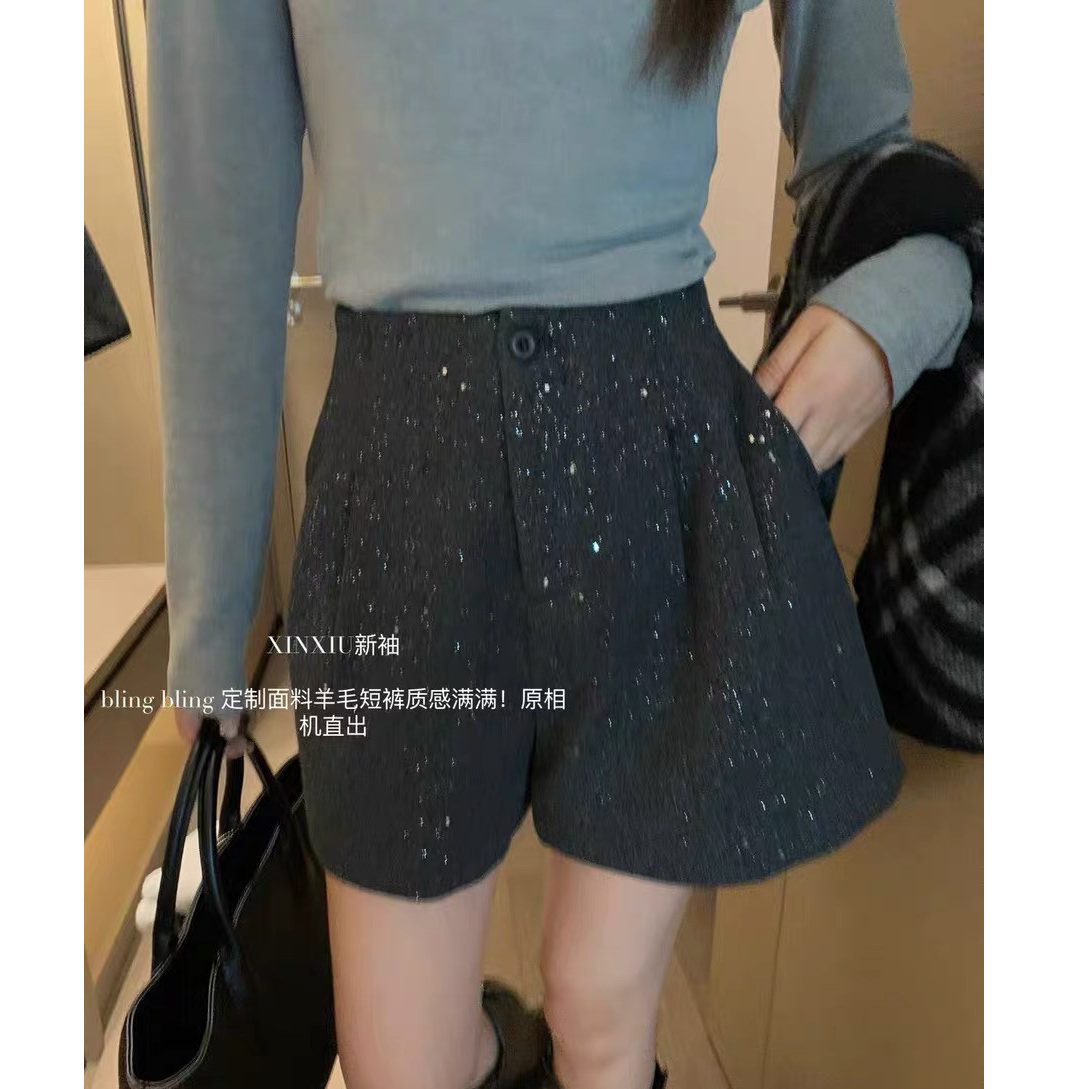 新袖 K-179 羊毛短裤冬高腰显瘦黑色精致闪闪加厚羊毛休闲裤短裤