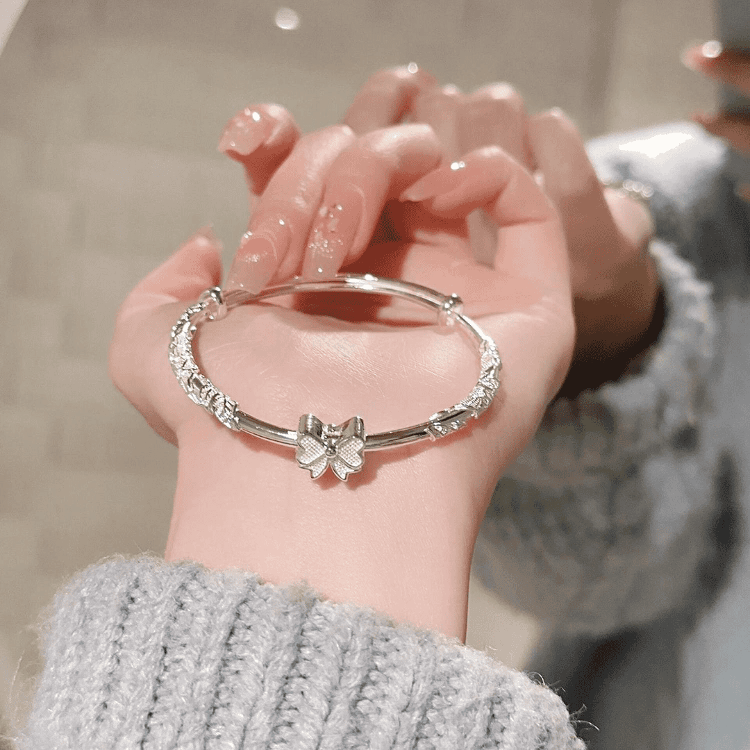 足银手镯 纯银繁花似锦蝴蝶结款手镯女999足银镯子送女友生日礼物