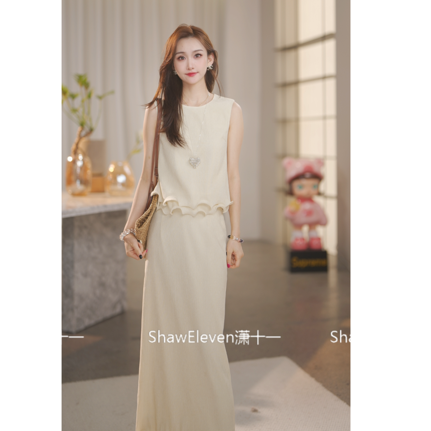 【ShawEleven】2025新款夏女装新款波浪下摆圆领上衣半裙套装881056