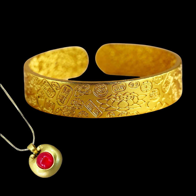 【荣总晶时】结婚镯吉言手镯+胖福吊坠【礼盒】合金CM13053