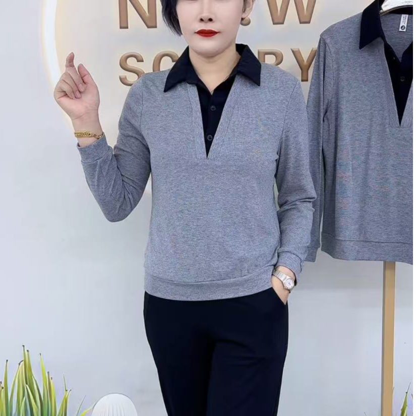 拼色领静色假两件减龄妈妈衫显年轻上档次精品爆款气质大气高端