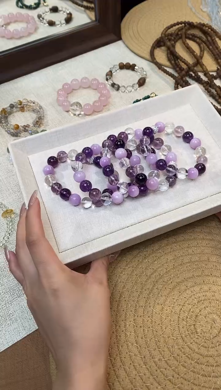 合金手链水晶《紫荆玫瑰》紫晶白水晶紫锂辉设计11-12mm多样性发一