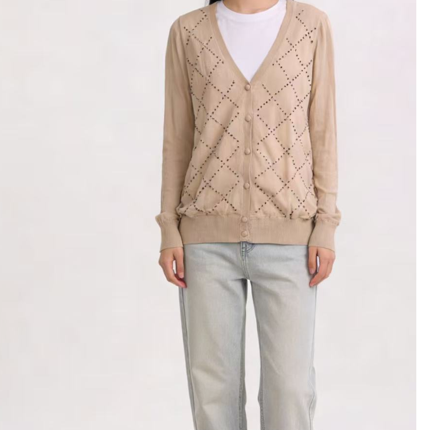 【开衫】时尚舒适反面设计刺绣钉珠针织薄款开衫