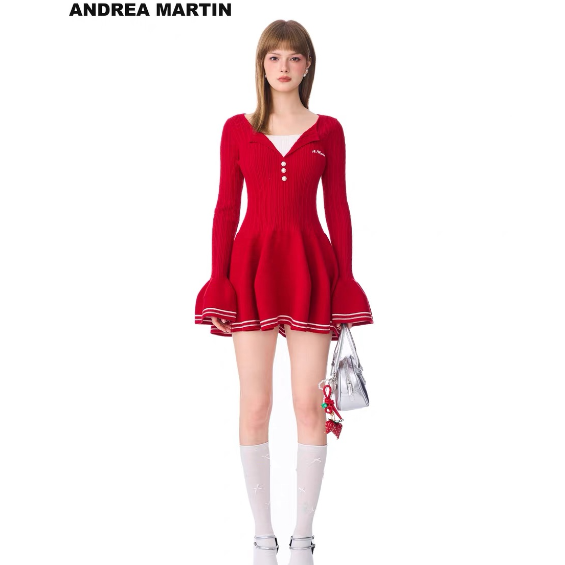 Andrea Martin25秋冬新款学院风假两件V领针织长袖连衣裙