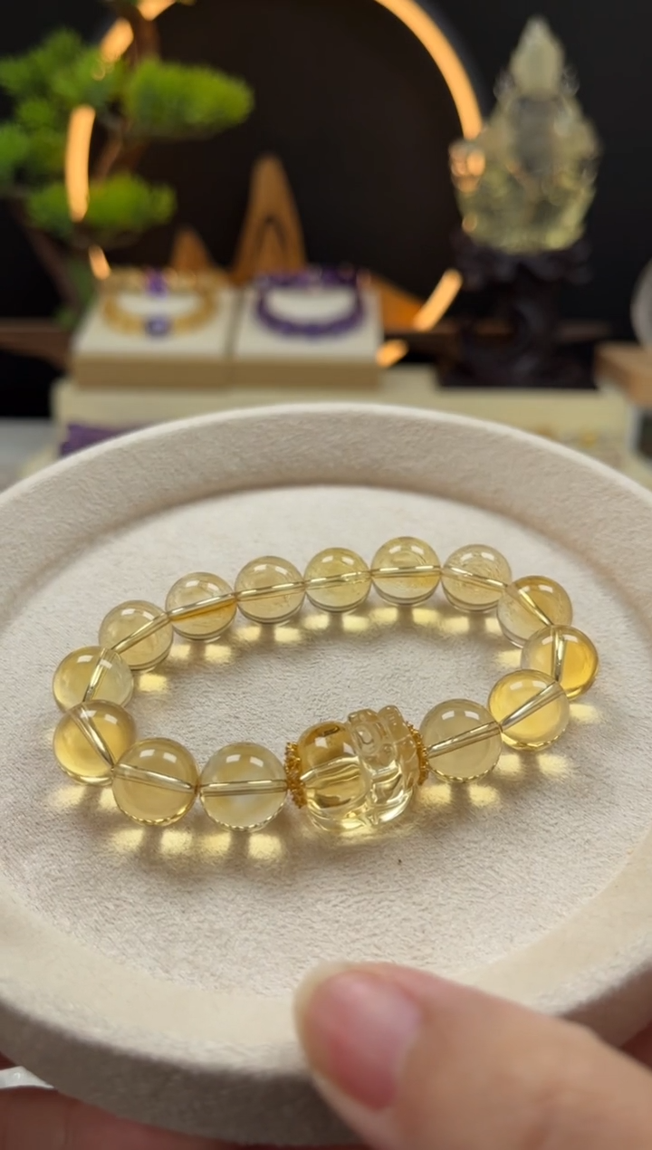 未镶嵌手链黄晶亚****h天然黄水晶圆珠貔貅手串12mm
