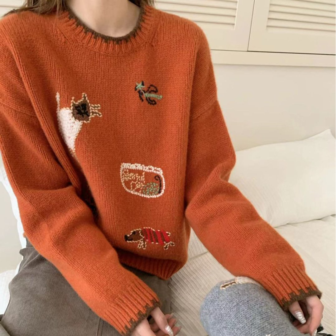 【素简.520110】2025秋冬新款100绵羊毛刺绣童趣女装上新羊毛衫