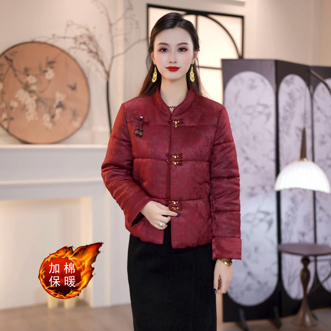 2025冬款新中式绛红色提花国风加厚保暖外套M-4XL