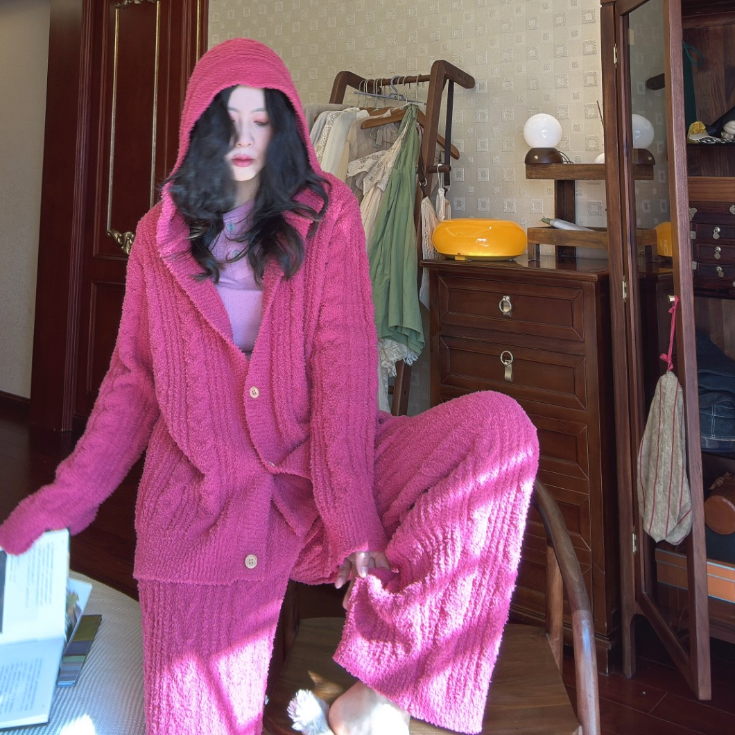秋冬季针织衫套装半边绒睡衣女家居服外出穿连帽红色毛衣保暖加厚