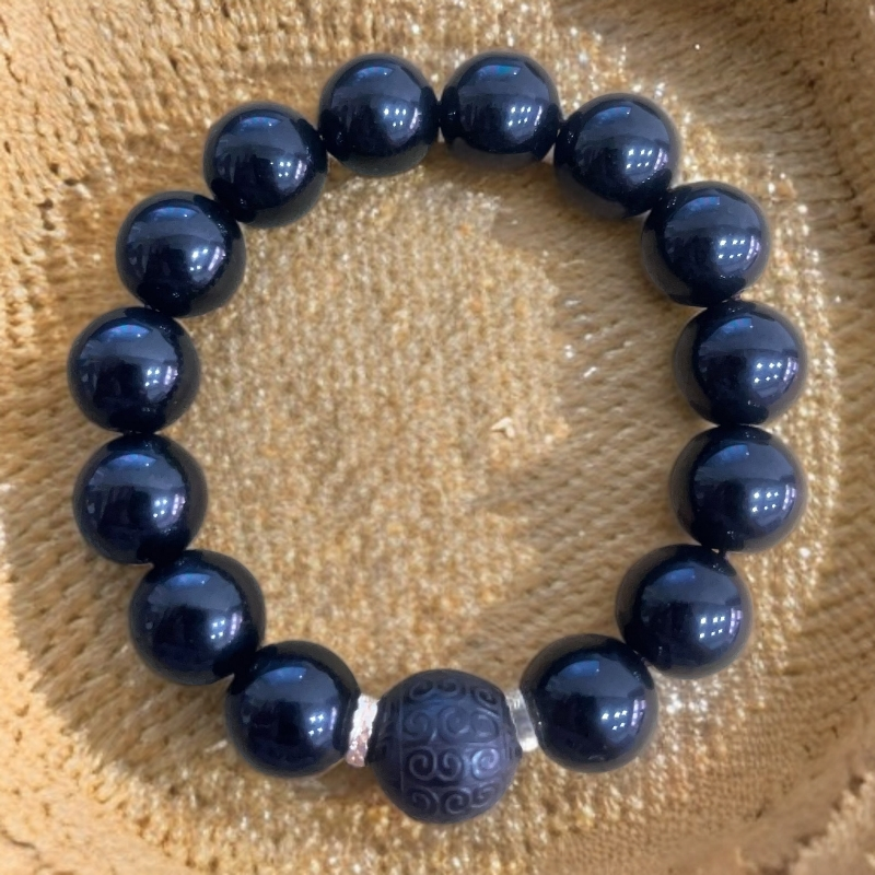 黑檀回纹带黑曜石1.4圆珠手串3032