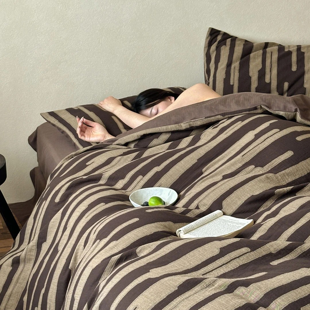 【树洞】全棉复古中古风色织双层棉纱四件套A类条纹肌理感侘寂风