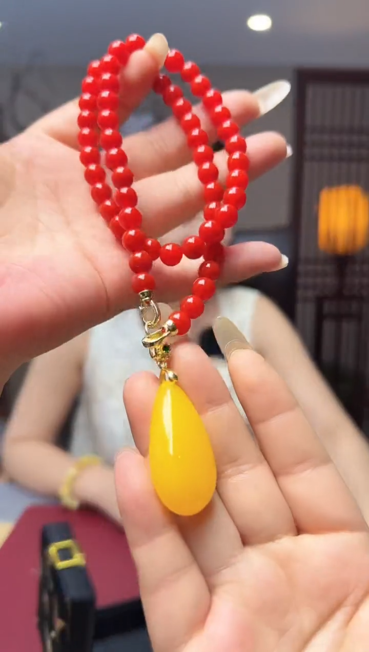 珐琅足银I 甄选好物保山柿子红＋鸡油黄吊坠设计师款项链