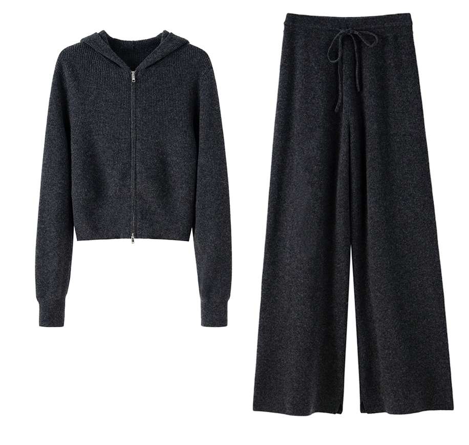 源头工厂山羊绒套装女秋冬灰色针织卫衣外套羊毛衫阔腿裤