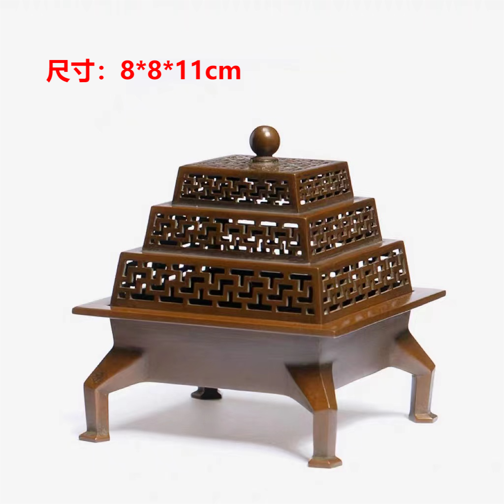 庆松—四方万寿熏炉 苏工紫铜香炉8*8*11cm