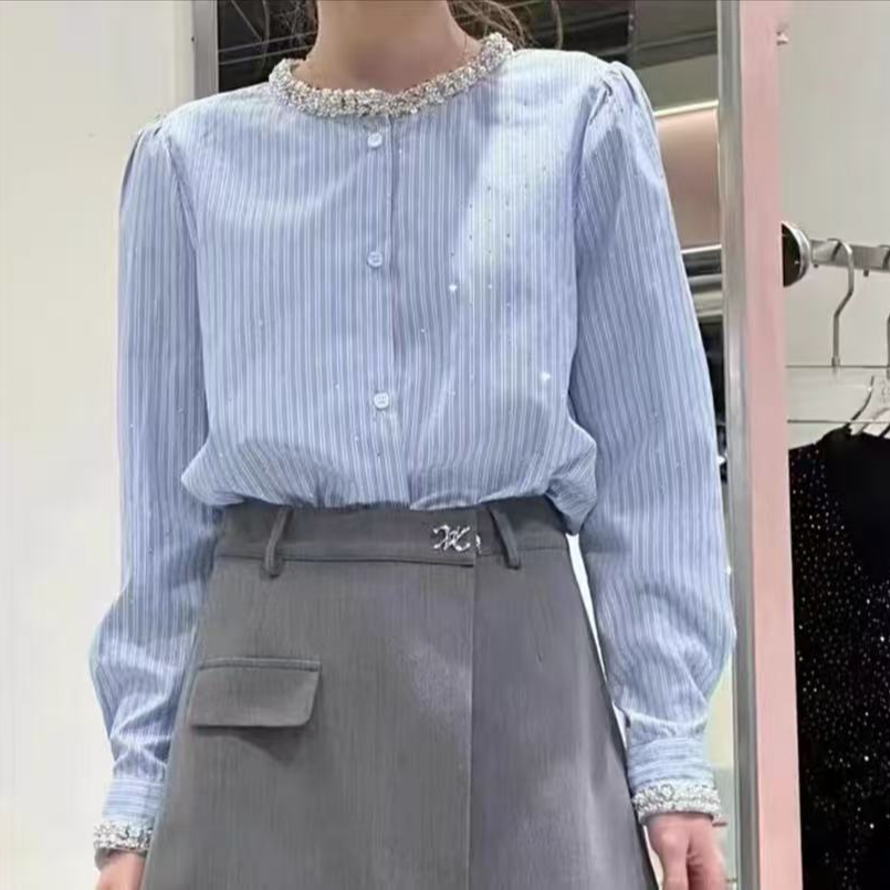 韩版蓝色条纹大码衬衫清新春季显瘦内搭上衣新款27568
