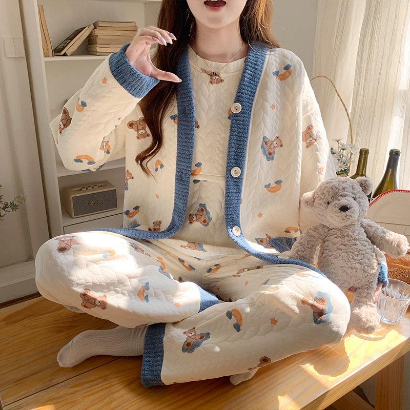 月子服秋冬季空气棉产后孕妇睡衣产妇哺乳喂奶衣夹棉保暖三件套装