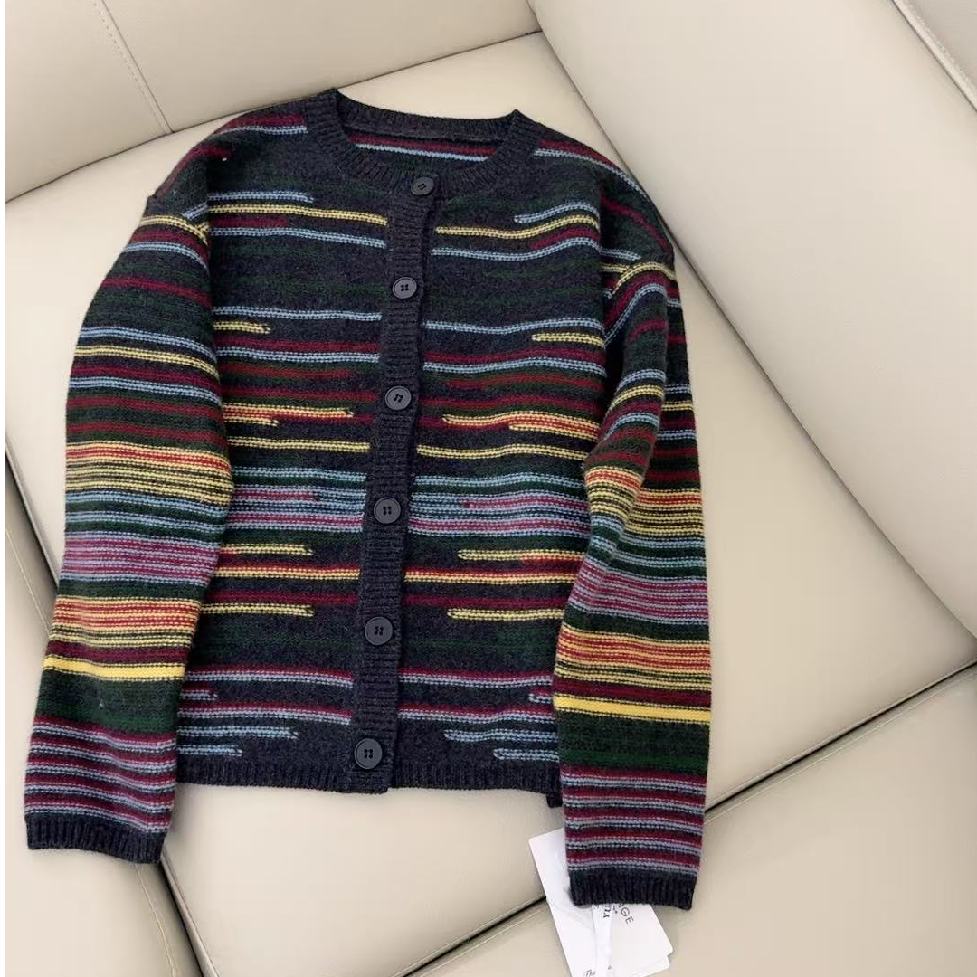 【原 歌】冬季新款380克100羊毛圆领彩条针织开衫毛衣YG1010