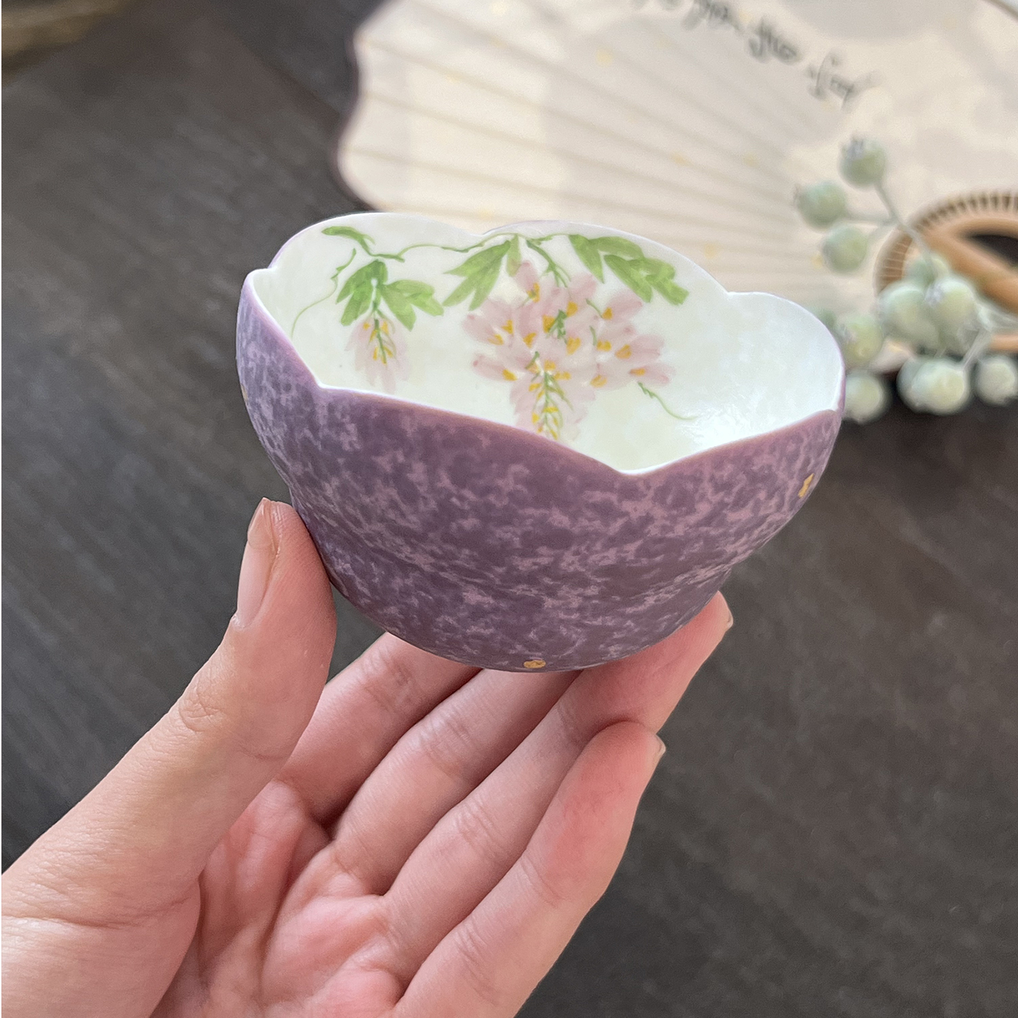 亘古手绘洒金紫藤花茶杯普洱杯紫色不规则形状高颜值茶具品茗杯