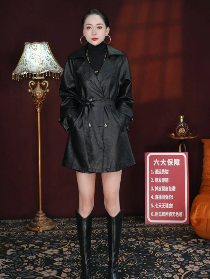（嫚嫚）115韩版时尚女士气质腰带中长款大码皮衣外套
