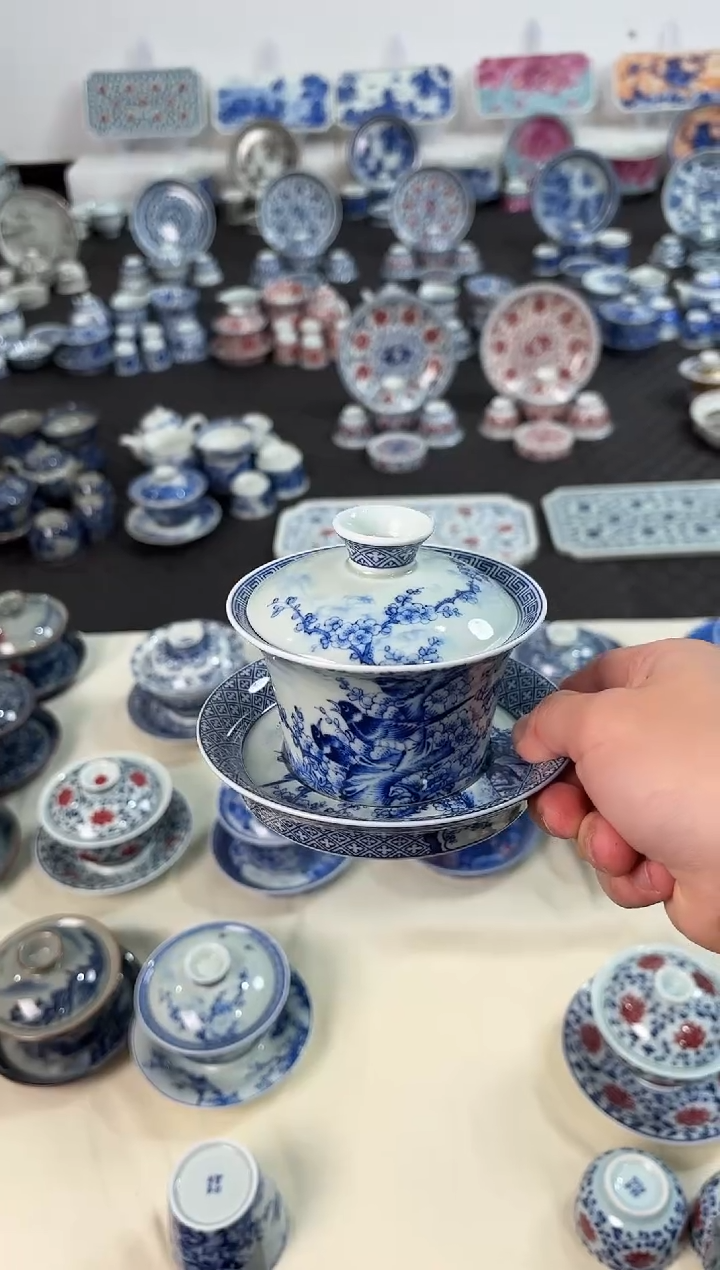 盖碗瓷景德镇陶瓷茶具青花喜上眉梢马蹄盖碗