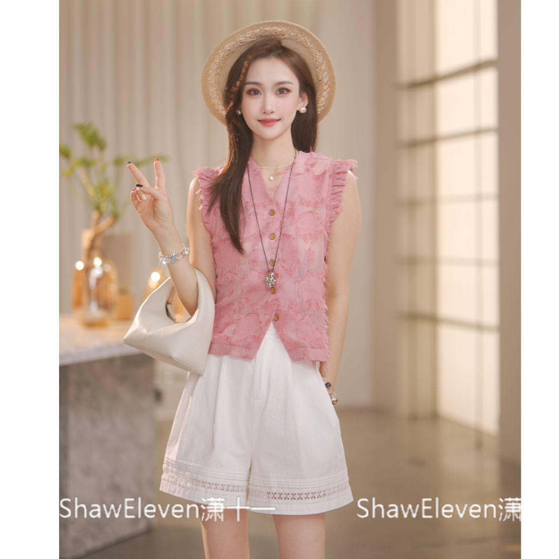 好事花生【Shaw Eleven】夏季纽扣单排无袖气质拉毛流苏衬衫881108