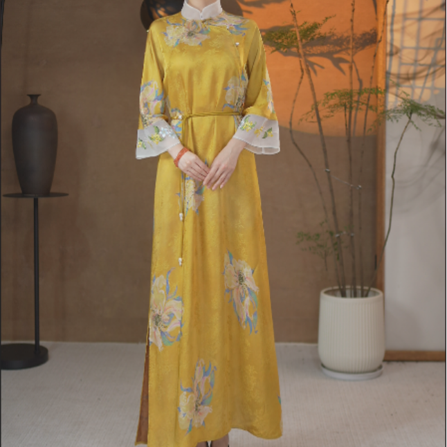 【琉璃黄+天青色】棋云院夏季中国风斜襟长袖连衣裙汉服古风古装