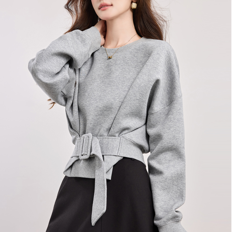 盐系蝙蝠袖腰带短款上衣设计感小众2025新款灰色圆领卫衣女潮ins