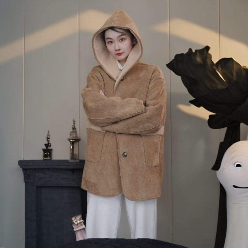 （0290）羊毛冬天网红款连帽双面外套休闲韩版高级全羊毛中长款加绒