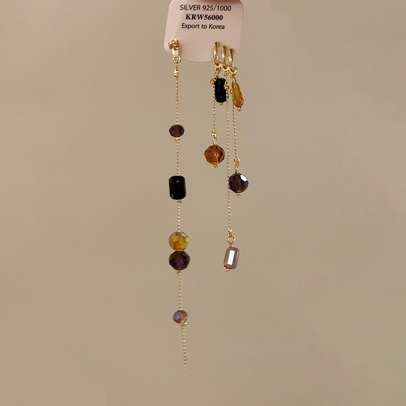 铜合金耳饰 美拉德不对称串珠流苏耳环女秋冬复古设计感显瘦耳饰 