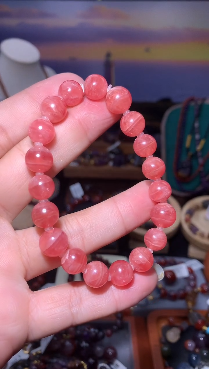 未镶嵌菱锰矿（红纹石）手串潇红纹石圆珠手串