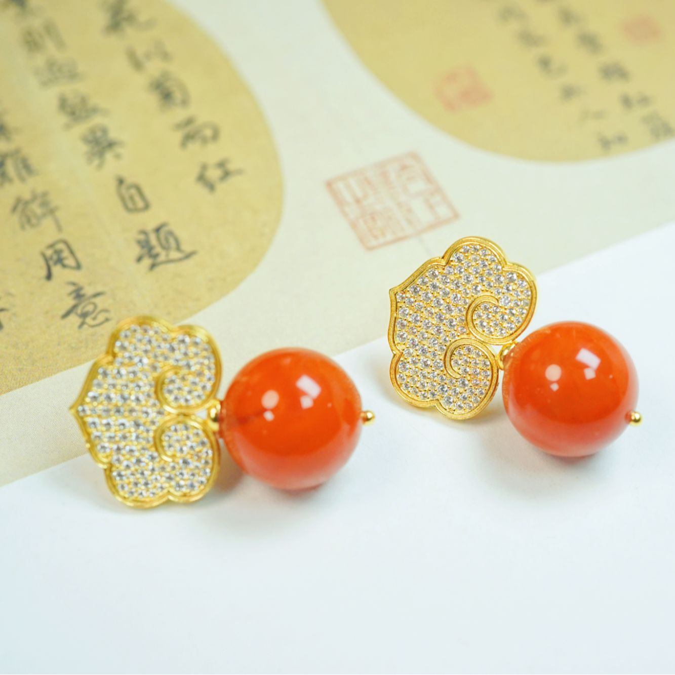 衣锦媚行925银镀金玛瑙如意耳坠E4502