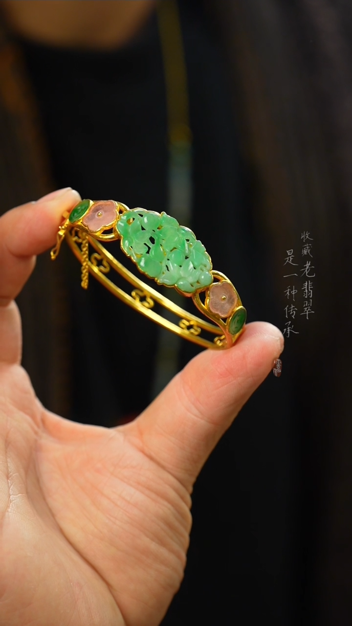 【闪购商品】翡翠手镯足金镶嵌精雕翡翠手镯