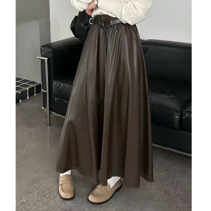 秋季PU长款皮裙半身裙女25秋冬新款高腰休闲大摆伞裙百褶A字长裙