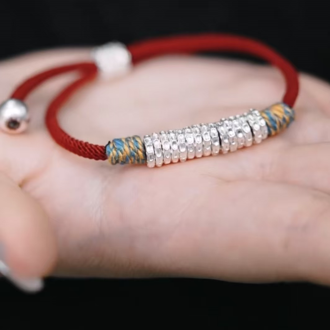 足银手链 新中式足银复古红色盘缠红绳编织手绳