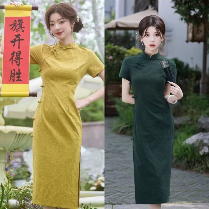 辉煌腾达 夏季纯色短款小个子旗袍 黄色日常显瘦中长款送考旗袍裙