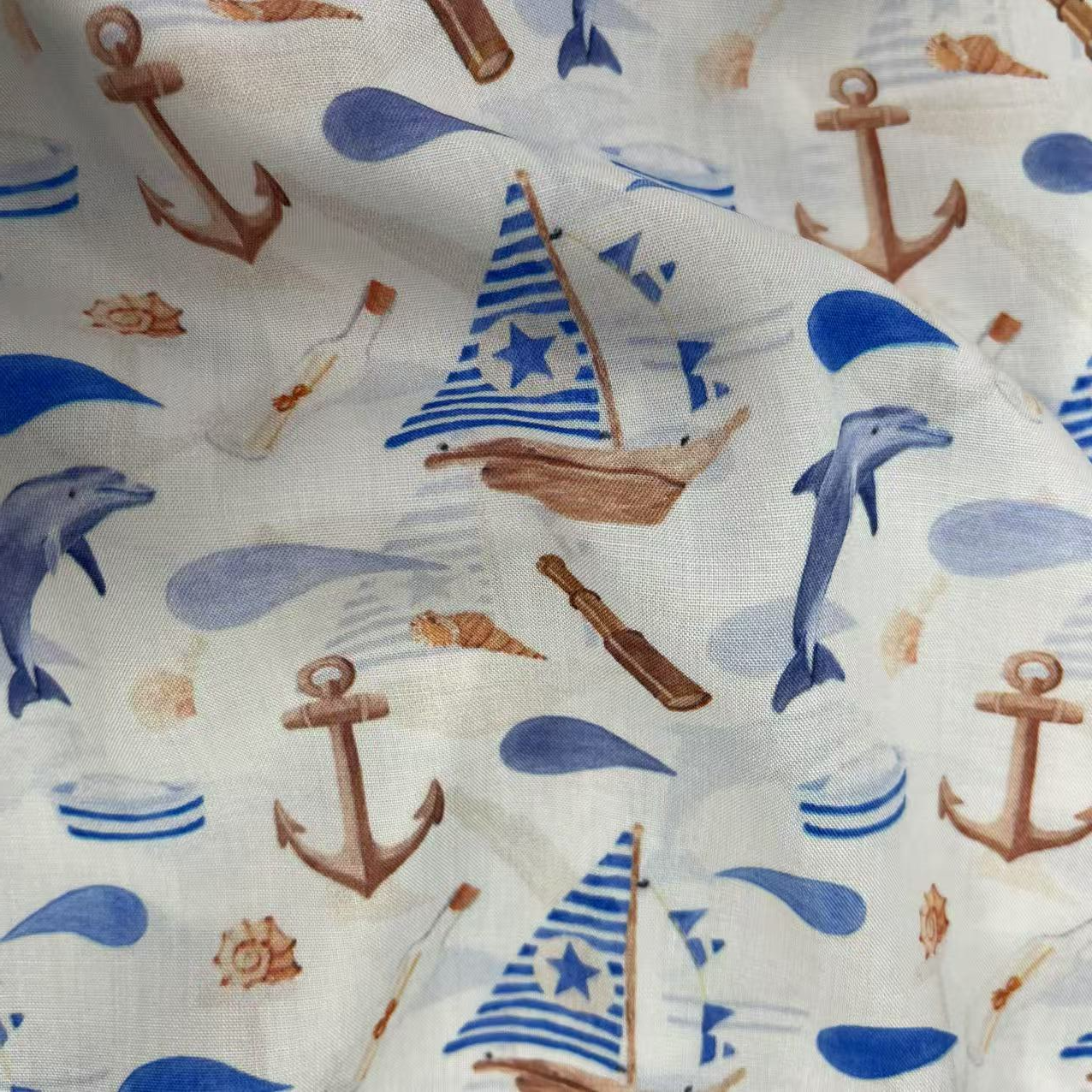 【绒兰】加宽1.6米细纱数码印花棉绸面料 246号 帆船-海豚