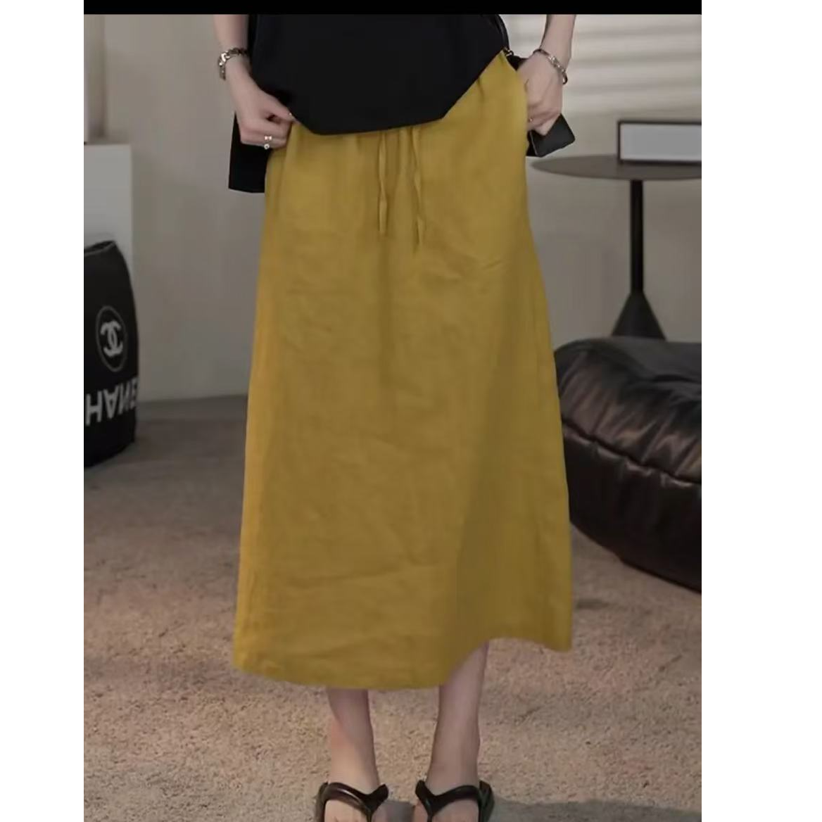 2024夏季新款显瘦纯色松紧腰抽绳半身裙时尚女裙子A字裙6830长76