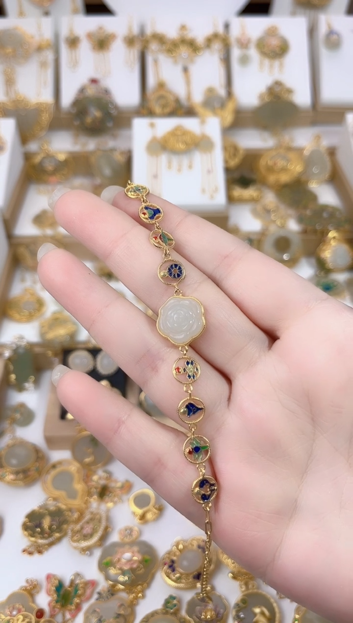 套链银S925镀金镶嵌和田玉珐琅莲花手链