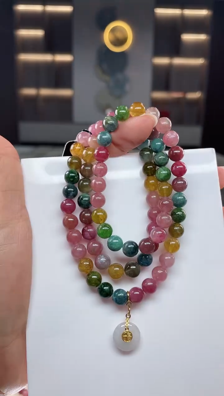 未镶嵌老矿碧玺彩虹三圈手串7mm+碧玺（多样性发一条）Q