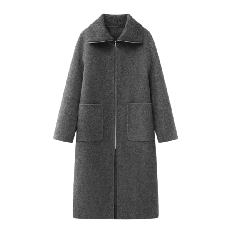 艾家同款2026冬季翻领毛呢外套中长款拉链毛呢大衣