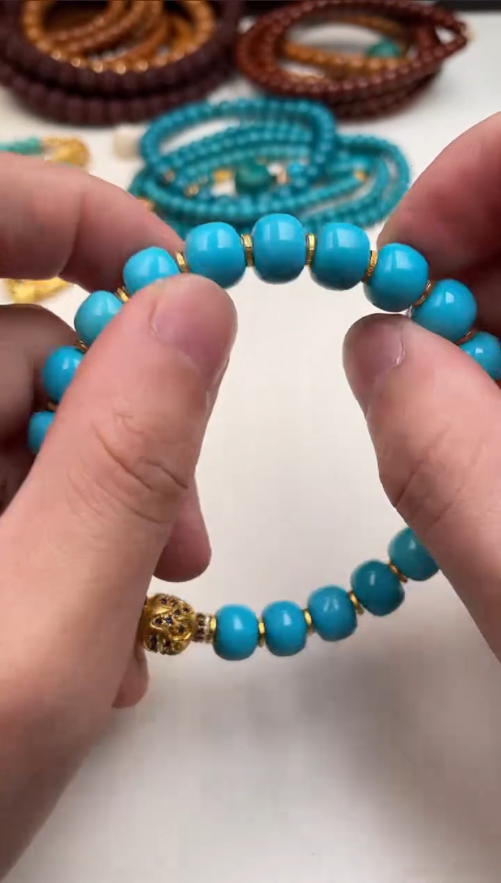 【闪购商品】绿松石挂件足金镶嵌松石手串