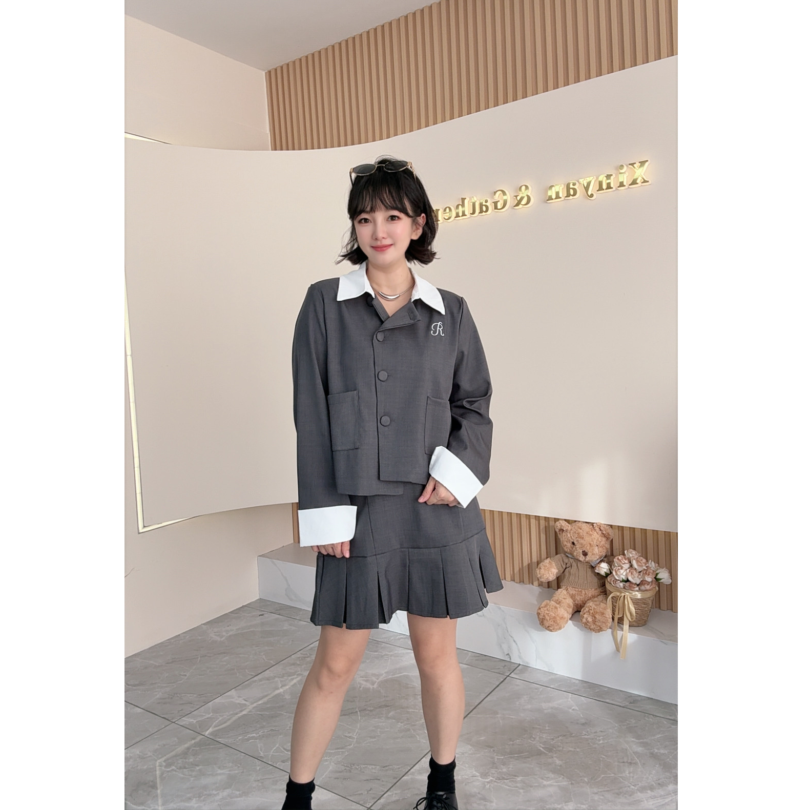 【之霖甄选】胖MM灰色西装外套半身裙两件套女秋季套装韩系学院风