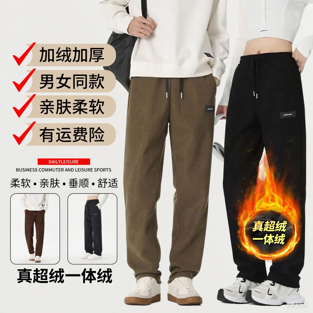 秋冬欧米绒男女同款休闲裤直筒运动舒适加绒裤子显瘦显高情侣长裤
