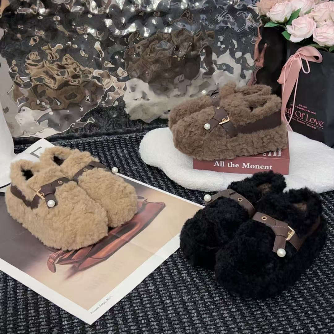 6CM秋冬新款钉珠设计增高厚底软底百搭休闲保暖外穿毛毛休闲鞋