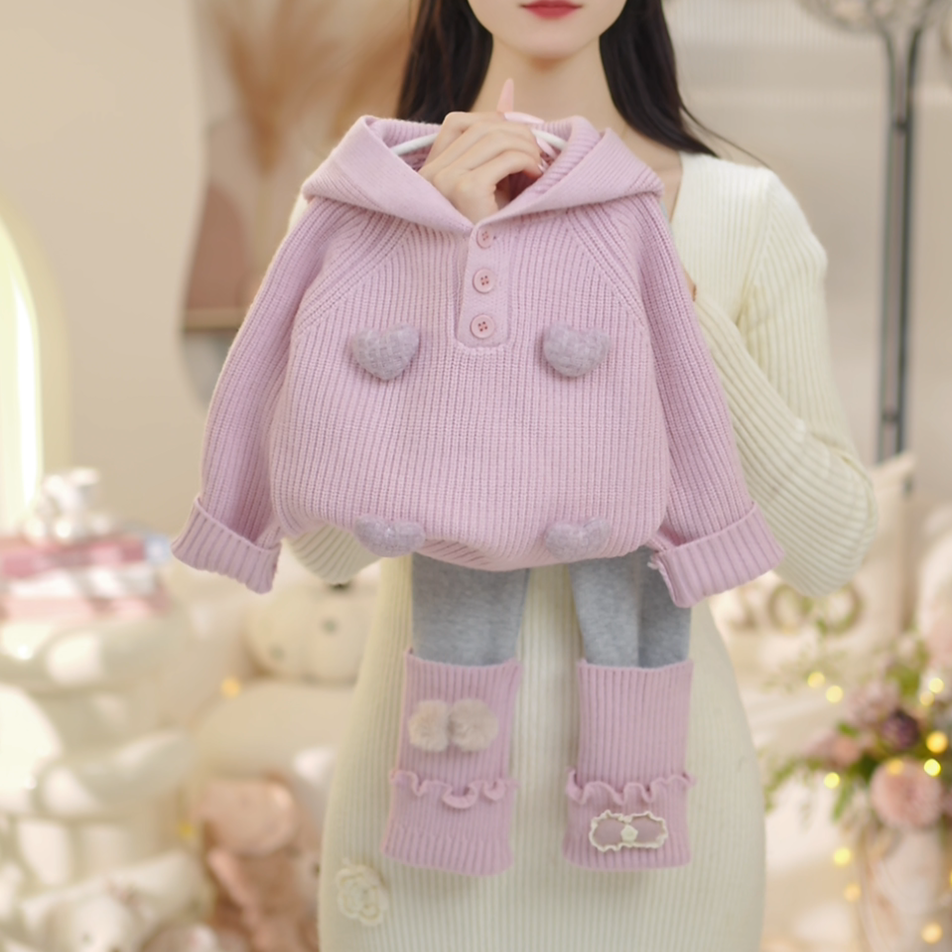 女童2025冬季新款洋气加厚爱心毛衣➕加绒加厚打底裤套装C23965