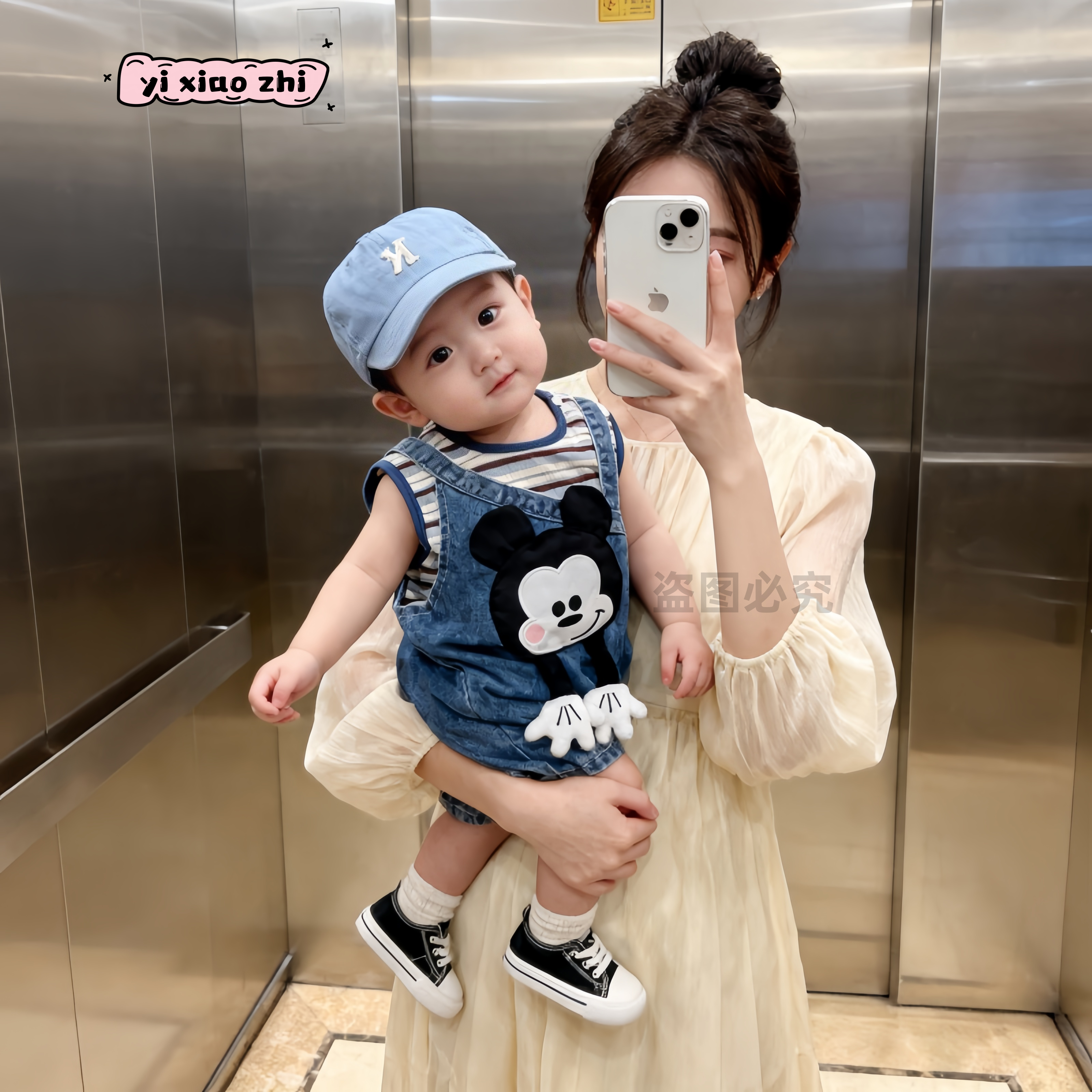 J新款男女宝夏超萌可爱米奇造型韩版软牛仔背带短裤套外出哈衣X04